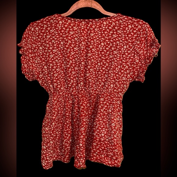 Red and white floral smocked ruffle sleeve women’s short sleeve blouse top boho - Picture 5 of 6